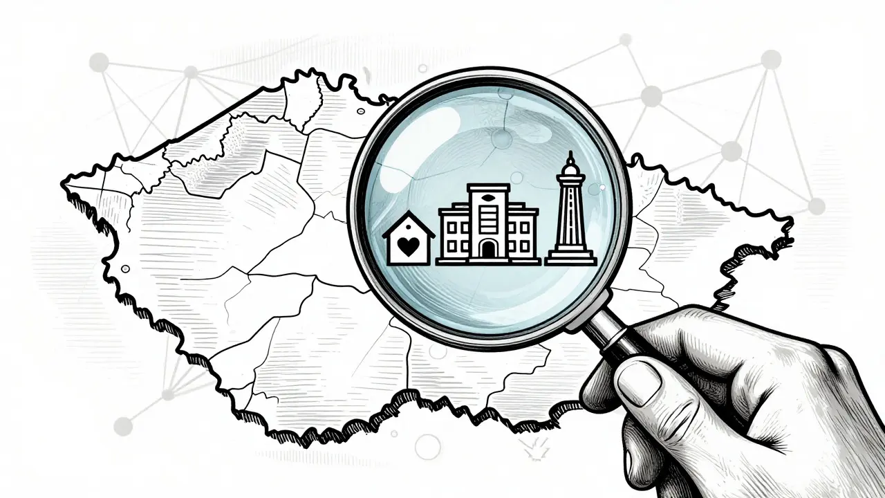 Dřevoryt: Hledání terapeuta na mapě s lupou