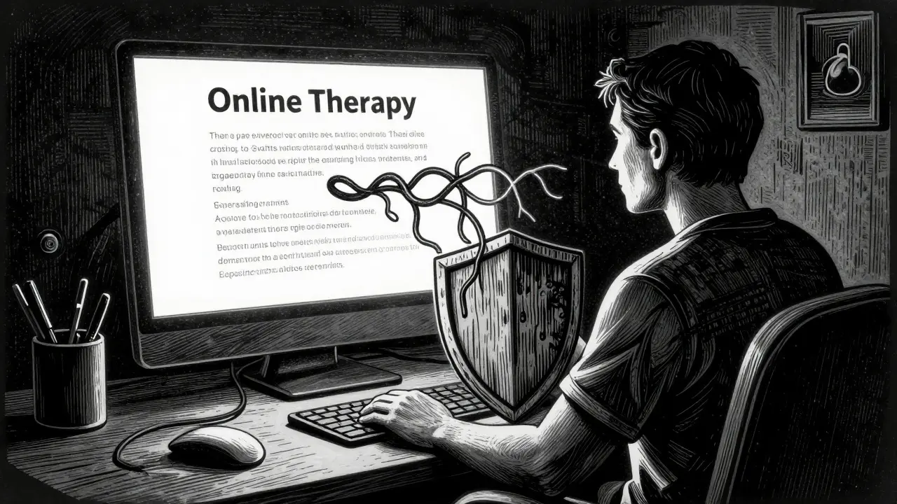 Dřevoryt klienta u počítače s štítem pro online bezpečnost