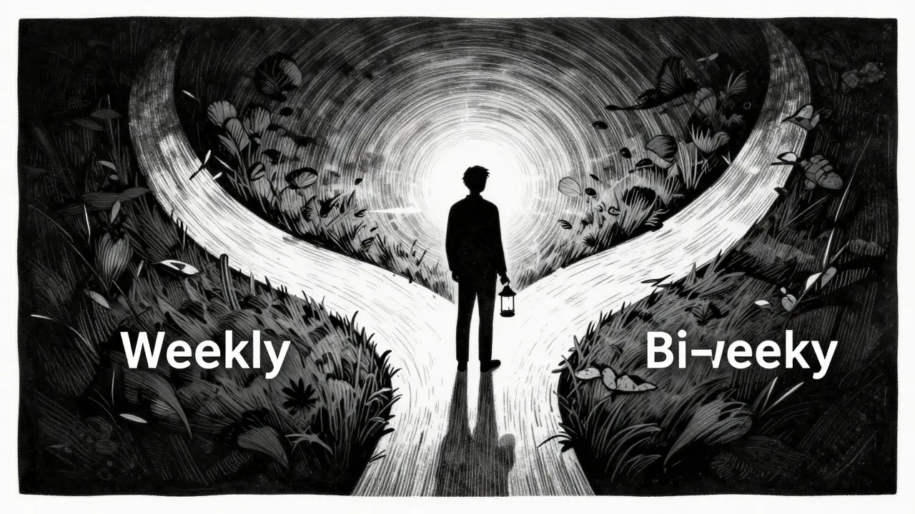 Dřevoryt s třemi cestami představujícími různé frekvence psychoterapie a volbu klienta.