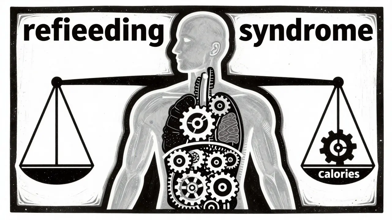 Dřevoryt: Symbolické znázornění stabilizace metabolismu a elektrolytů při léčbě.