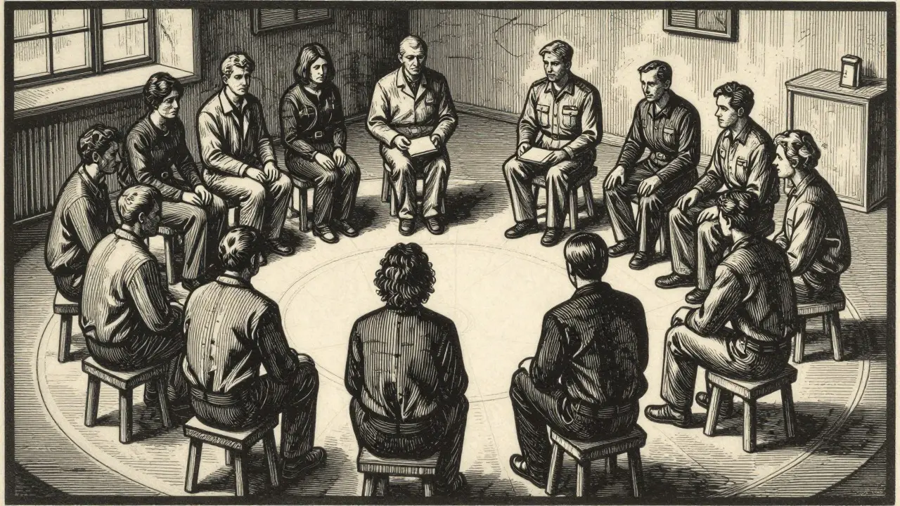 Ilustrace dřevorytem skupinového debriefingu s facilitátory
