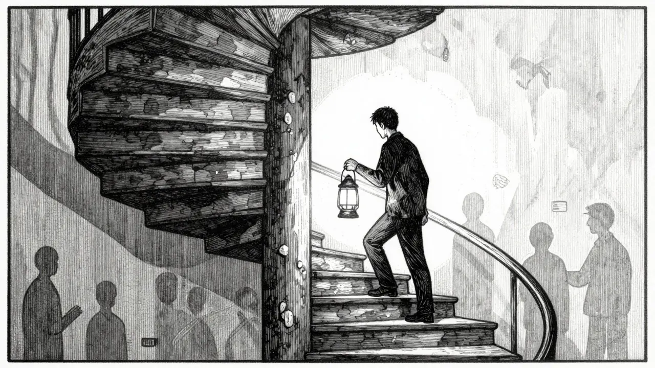 Ilustrace dřevorytem spirálového schodiště symbolizující nekonečný proces uzdravování.