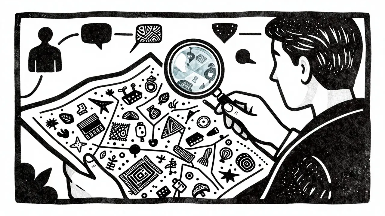 Ilustrace dřevorytem: terapeut zkoumá složitý mapový vzorek reprezentující různé kulturní kontexty.