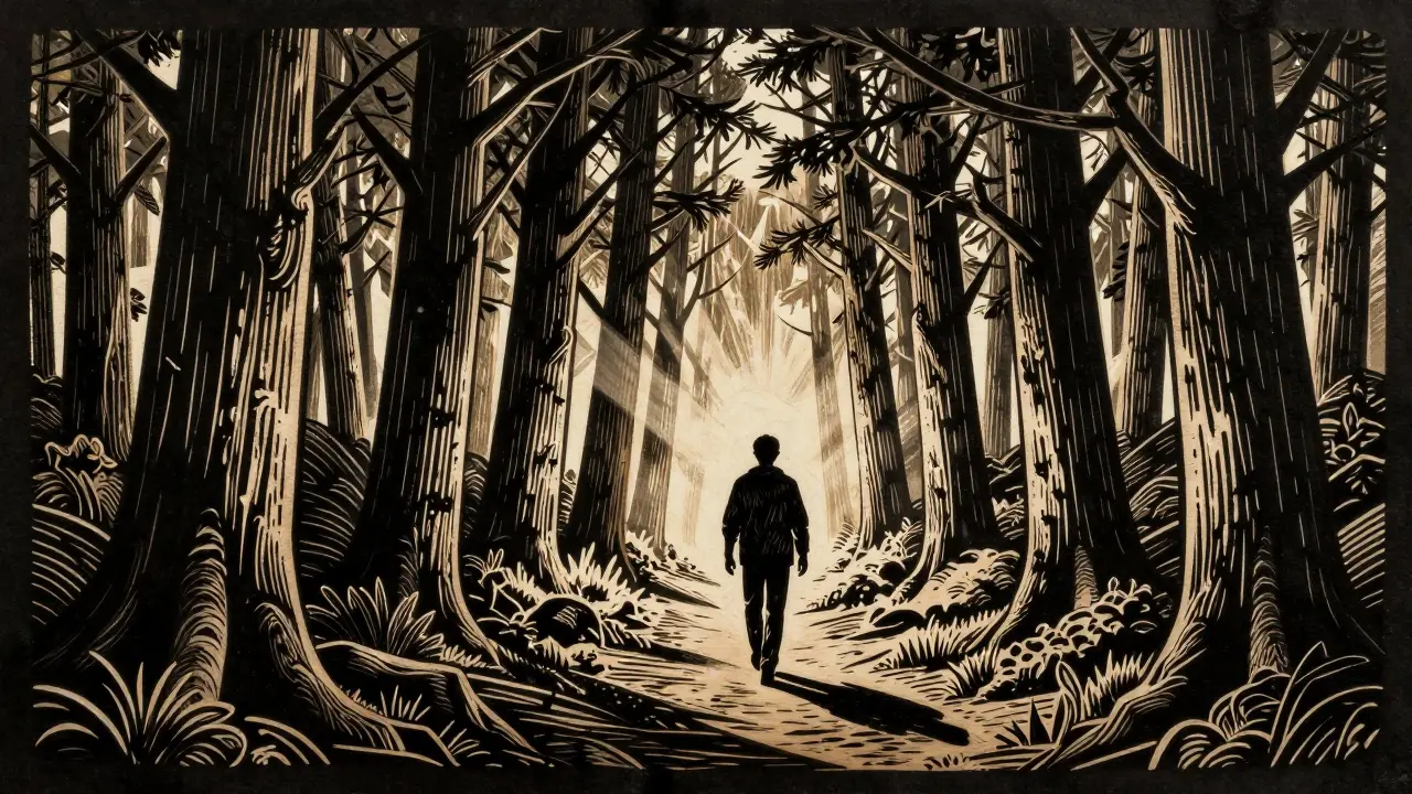 Ilustrace dřevorytem ukazující člověka procházejícího lesem jako symbol psychické odolnosti.
