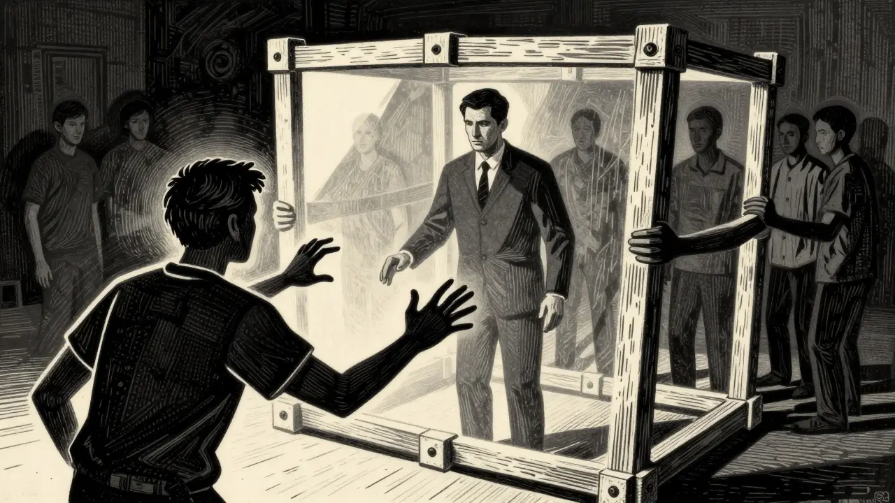Ilustrace ve stylu dřevorytu ukazující klienta testujícího hranice před pevným štítem terapeuta.