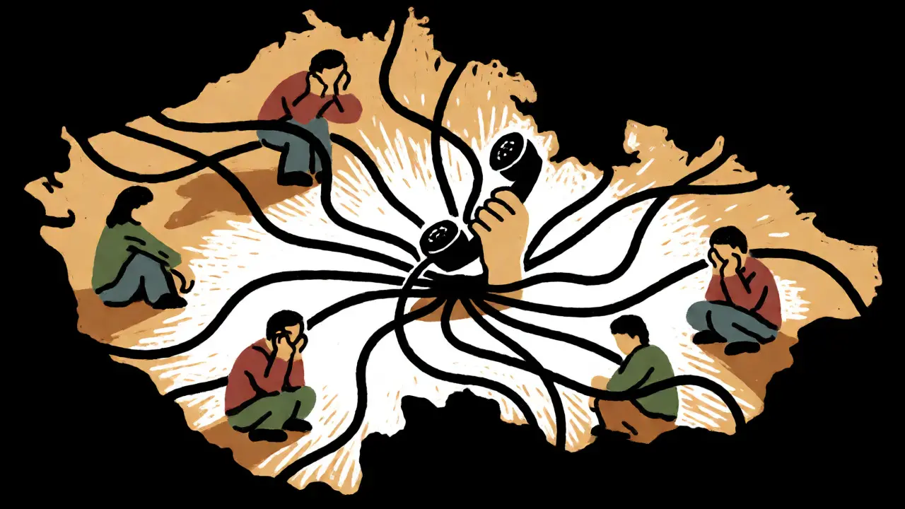 Abstraktní ilustrace propojení telefonních linek a lidí hledajících pomoc.