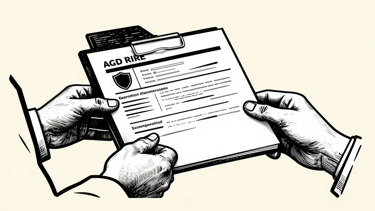 Dřevoryt znázorňující předání složky s dokumenty mezi terapeutem a klientem pro transparentnost.