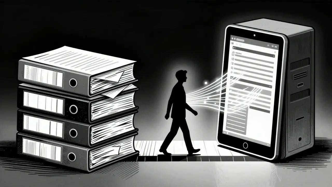 Dřevorytná ilustrace přechodu od papírových záznamů k digitálnímu ukládání dat v psychoterapii.