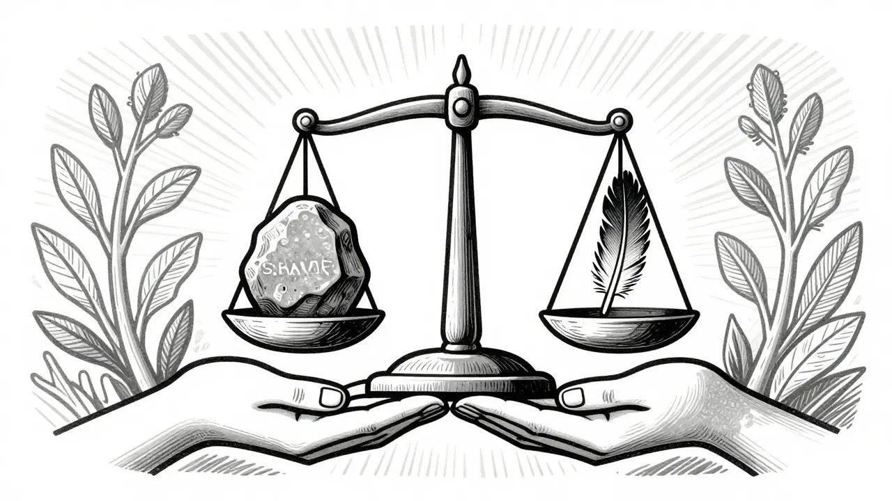 Hands holding a balanced scale with a stone and a feather