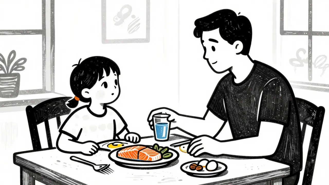 Ilustrace dřevorytu rodiny u stolu s zdravým jídlem, včetně lososa a ořechů, symbolizující péči.