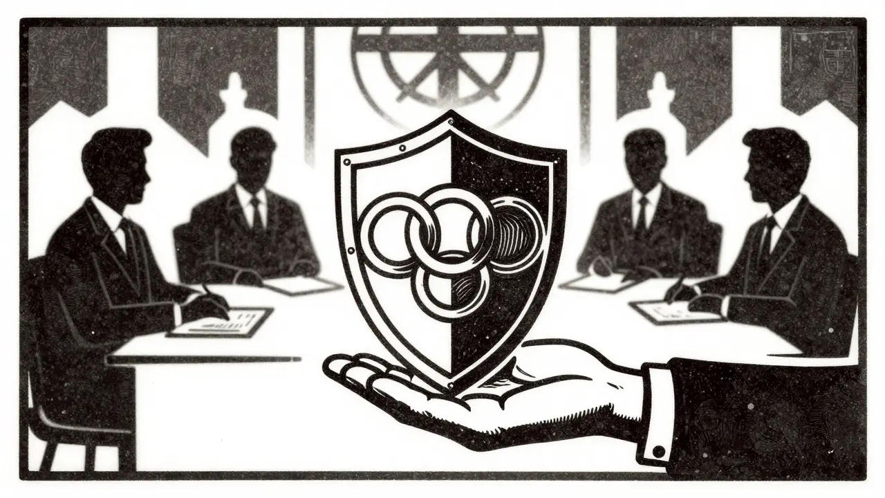 Ilustrace štítu chránícího práva pacienta před komisi pro etiku v dřevorytném stylu