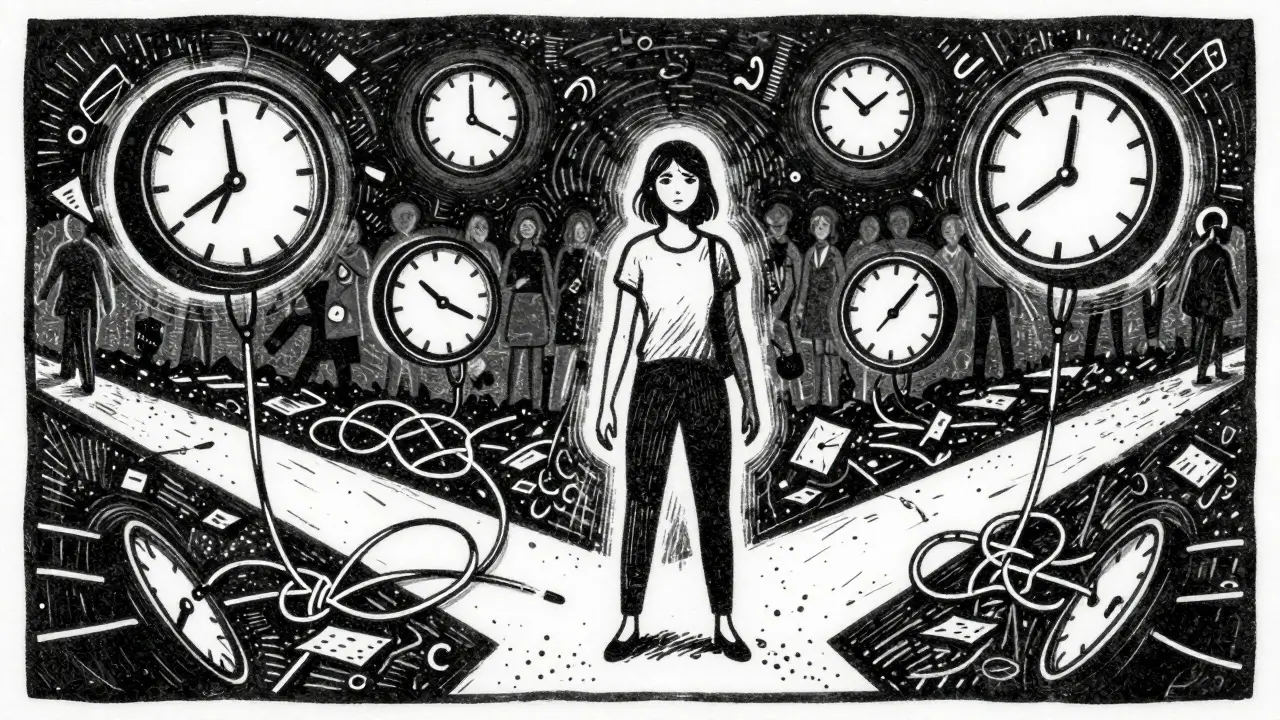 Ilustrace v stylu dřevorytu zobrazující zmatení a problémy s časem u dospělých žen.