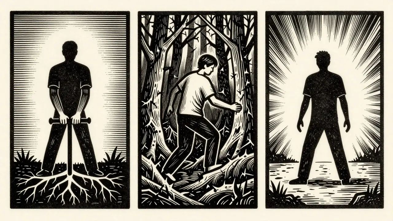 Ilustrace ve stylu dřevorytu ukazující tři fáze uzdravování: stabilizace, zpracování a reintegrace.