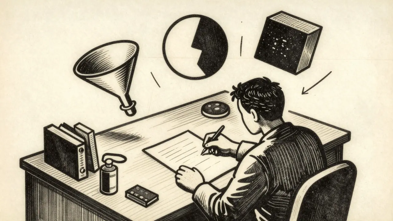 Person at desk surrounded by abstract shapes representing cognitive distortions