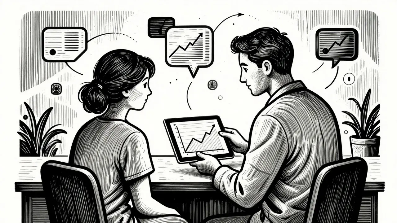 Terapeut a klient sledují graf na tabletu, styl dřevorytu