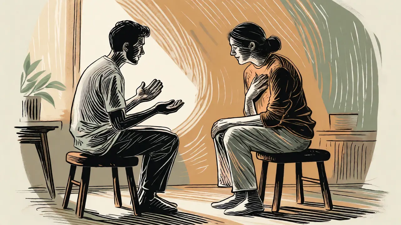 Dřevořezová ilustrace klidného rozhovoru s otevřenou náručí a nasloucháním.
