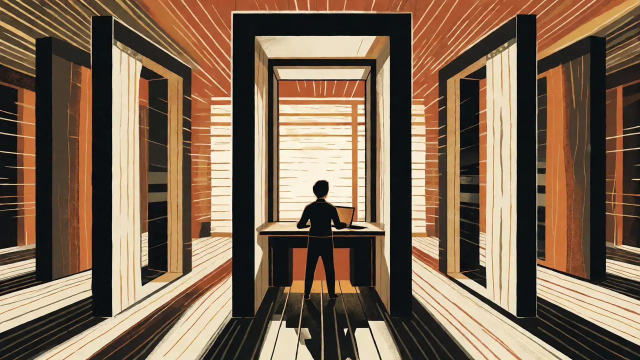 Dřevořezová ilustrace strukturovaného dne pomocí časových bloků a pevných pilířů.