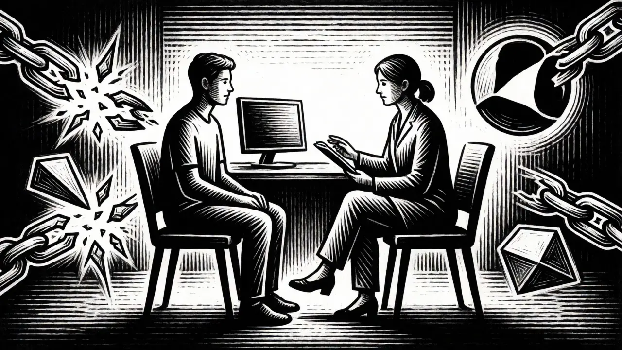 Dřevořezová ilustrace terapie s pacientem a terapeutem, symbolizující kognitivně-behaviorální přístup.