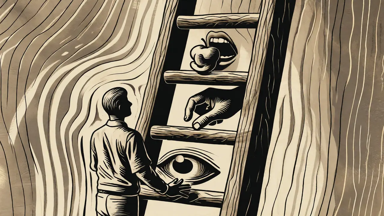Dřevořezová ilustrace žebříku odvahy, kde každá příčka představuje krok expoziční terapie od pohledu k jídlu.