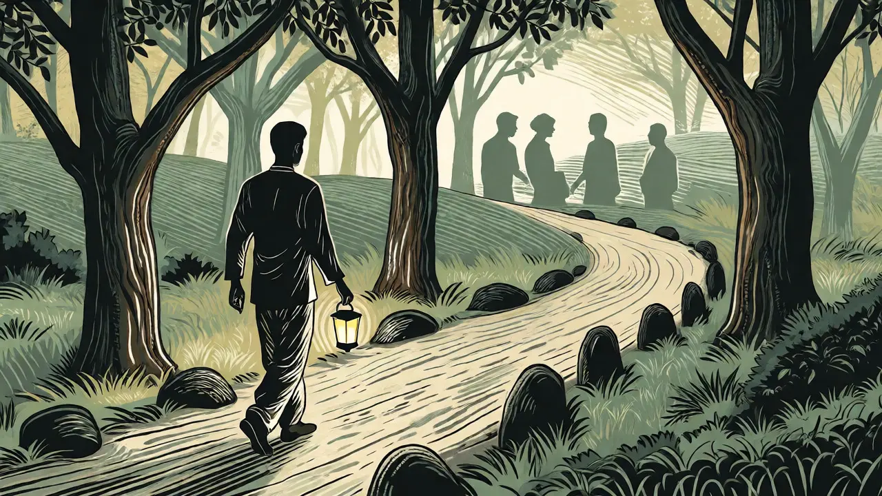 Ilustrace klidné cesty životem s jasným režimem a vyváženou atmosférou.