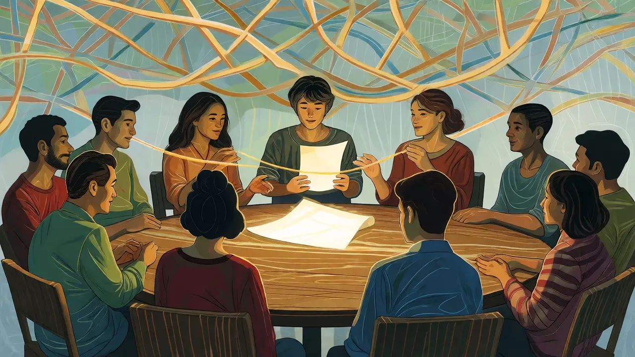 Ilustrace komunity podporující novou identitu prostřednictvím sdílených příběhů a svědectví.