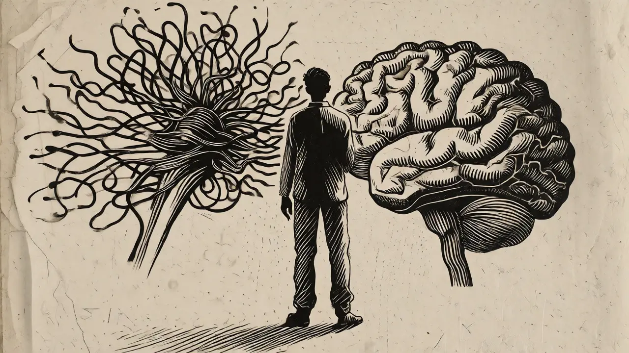 Ilustrace mozku s chaotickými a uspořádanými neurálními cestami ve stylu dřevořezu