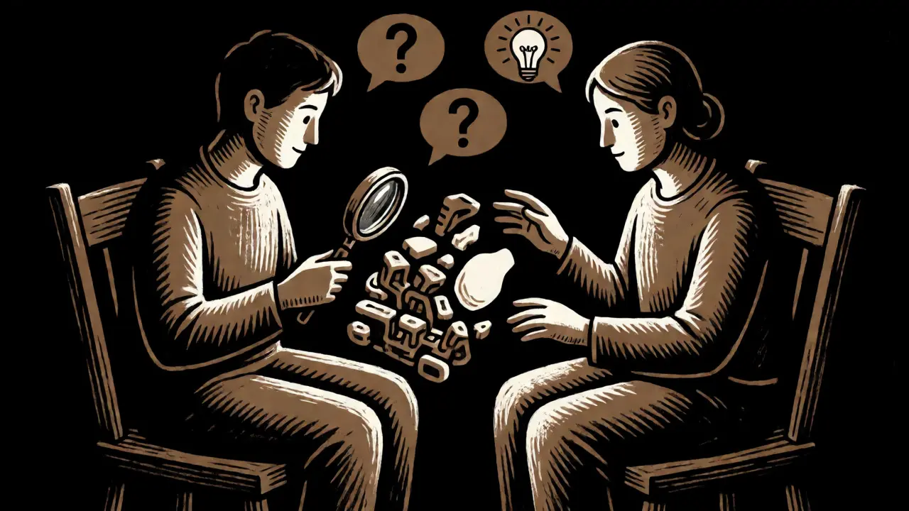 Ilustrace terapie v dřevořezu, kde se detaily skládají do celku pomocí zvětšovacího skla.