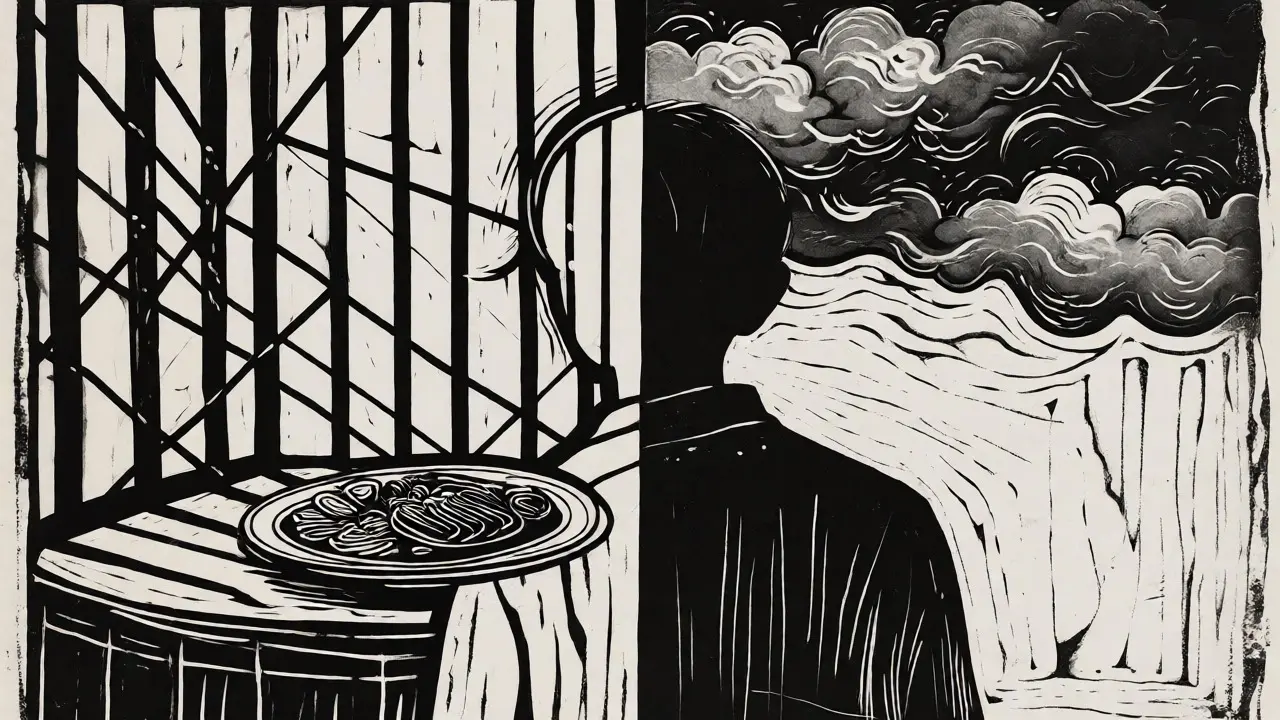 Ilustrace v stylu dřevořezu znázorňující vázání mezi jídlem, úzkostí a depresí