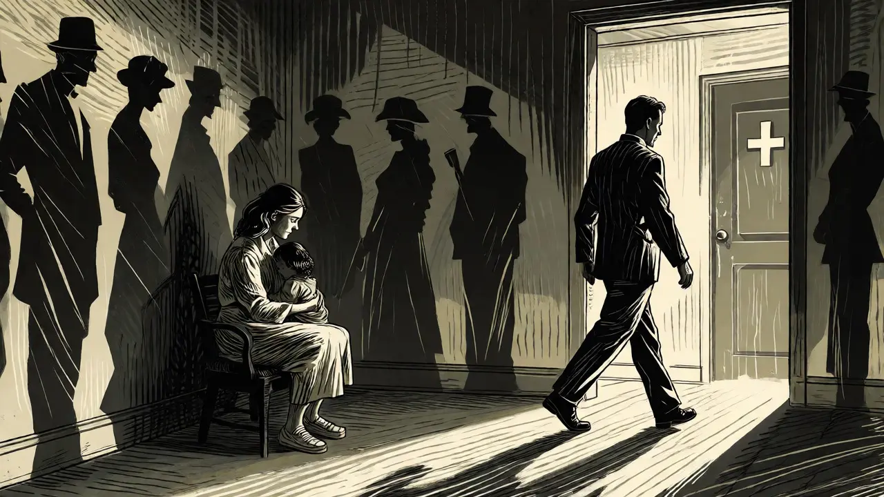 Ilustrace v stylu dřevorytu zachycující sociální stigma a bariéry přístupu k léčbě pro ženy.
