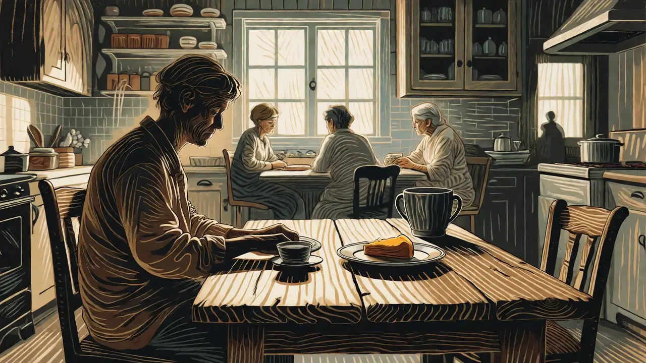 Ilustrace ve stylu dřevořezu klidné rodinné večeře, kde je zakázané jídlo přítomno bez úzkosti, symbolizující uzdravení.