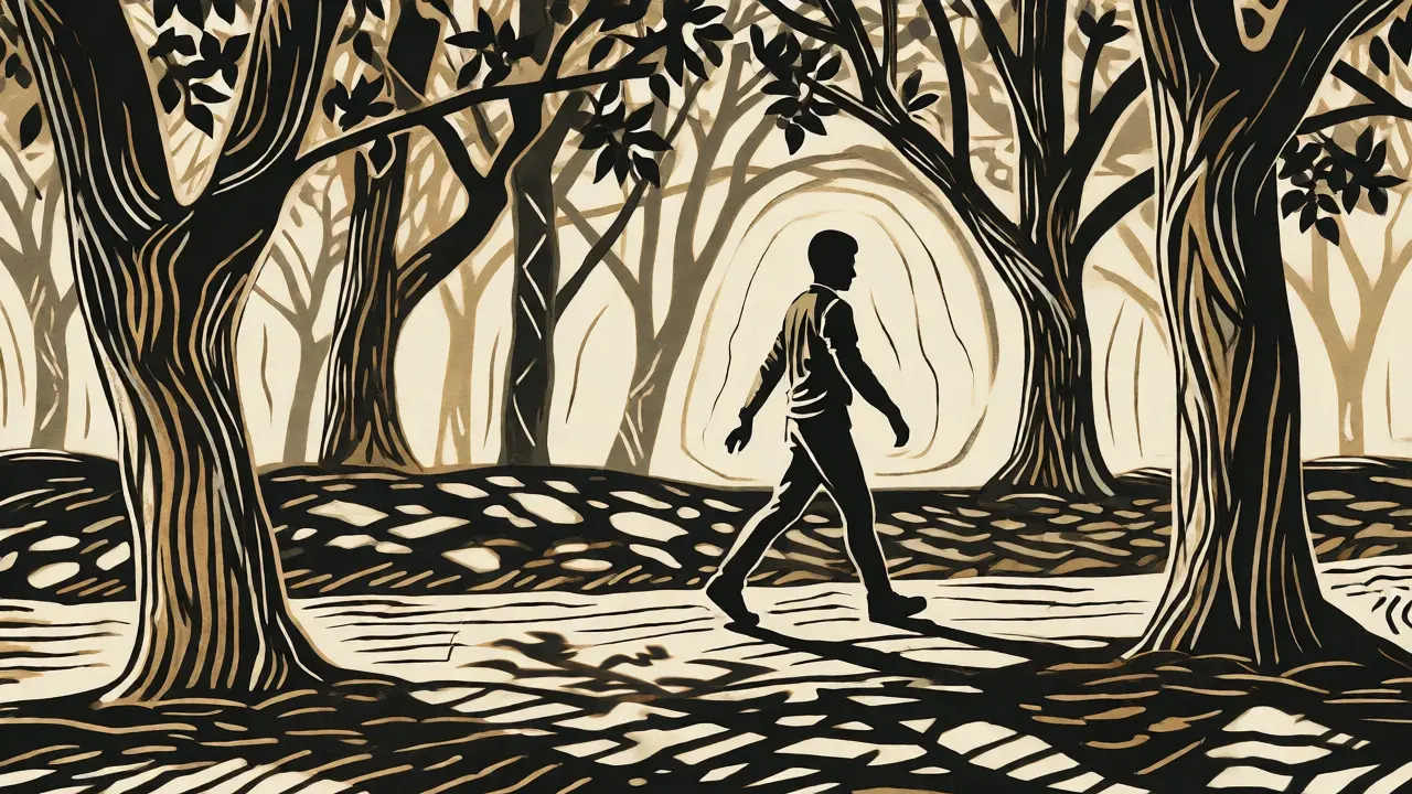 Ilustrace ve stylu dřevořezu osoby procházející se v přírodě jako součást rehabilitace.