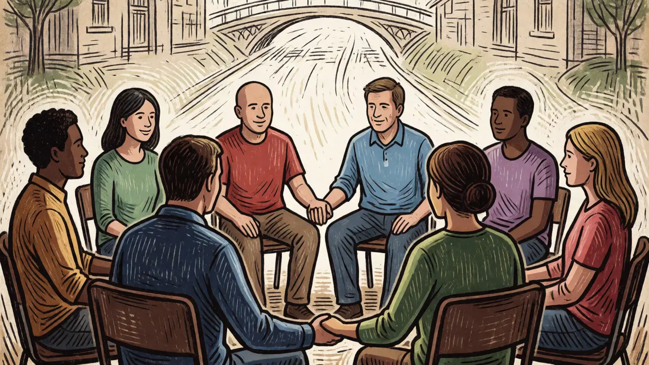 Ilustrace ve stylu dřevořezu zobrazující skupinu lidí v kruhu jako podporu při léčbě závislosti.