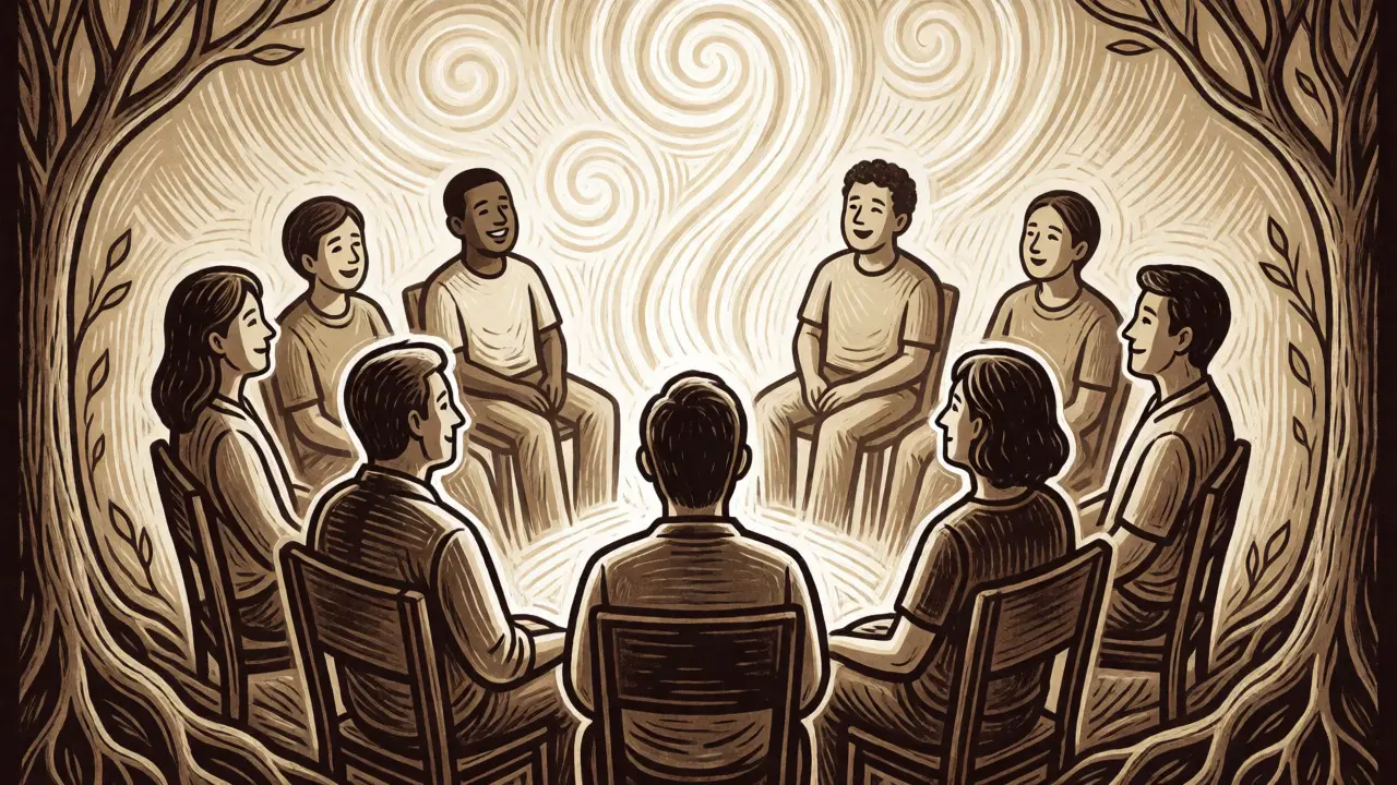Ilustrace ve stylu dřevorytu: kruh lidí na skupinové podpoře Gamblers Anonymous.