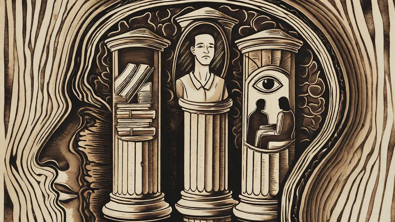 Ilustrace ve stylu dřevorytu znázorňující tři pilíře výcviku psychoterapeuta: teorii, sebezkušenost a supervizi.