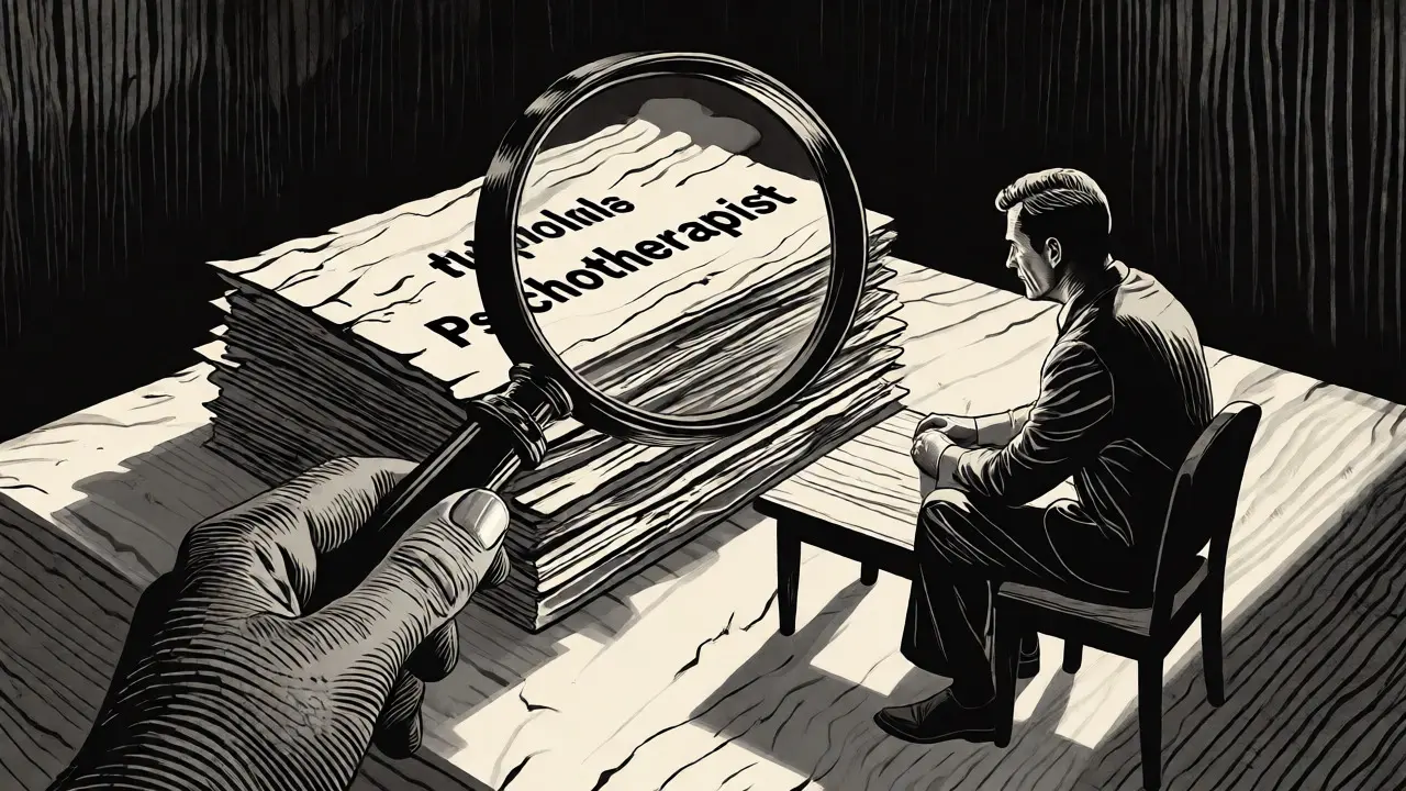 Klient s lupou zkoumá kvalifikaci psychoterapeuta při první konzultaci, provedeno technikou dřevorytu.