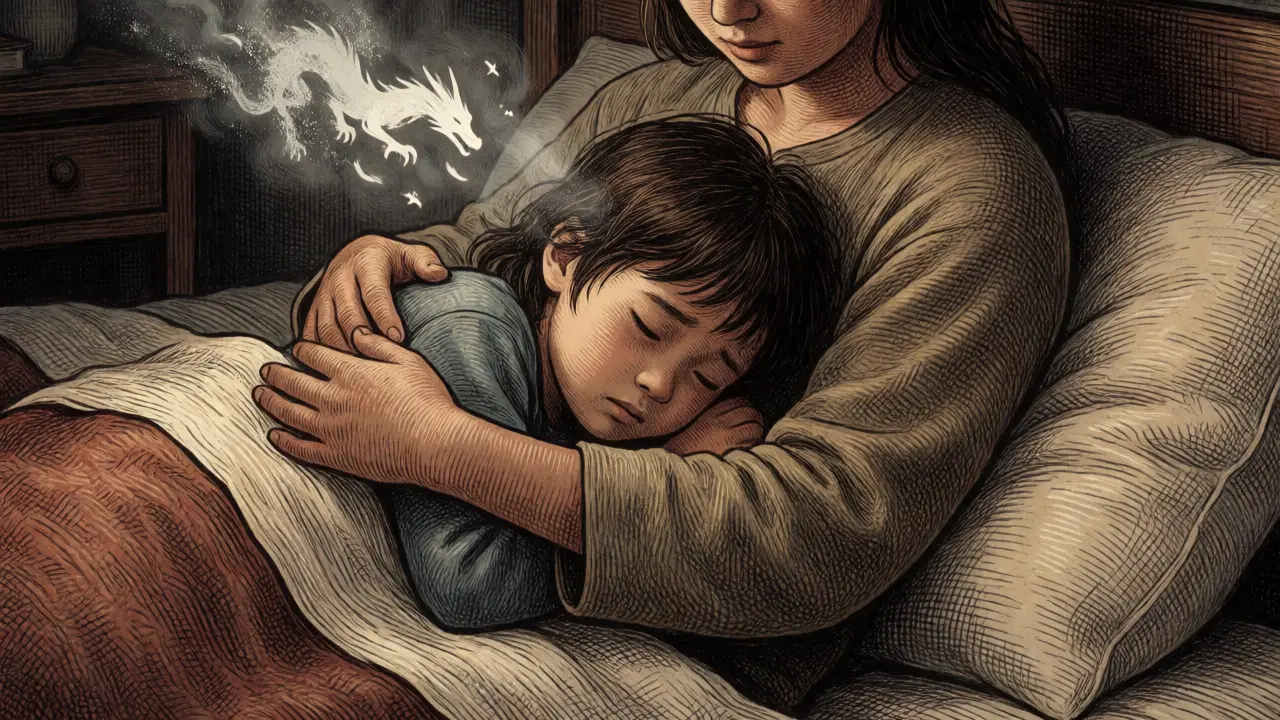 Rodič utěšuje dítě po noční můře v ilustraci