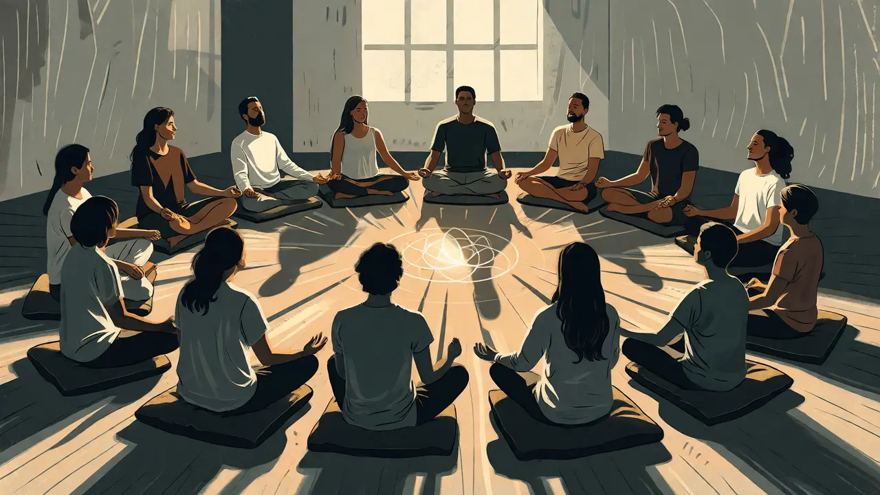 Skupina lidí v kruhové meditaci se světelným centrem ve stylu dřevořezu.