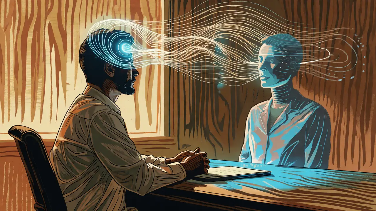 Terapeut s AI asistentem analyzujícím emoce klienta v ilustraci dřevořezu