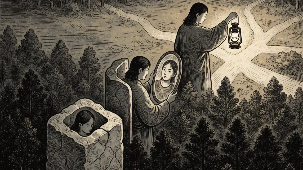 Trojdílná ilustrace přechodu od kamenné skořápky k otevřenému reflektování světa.