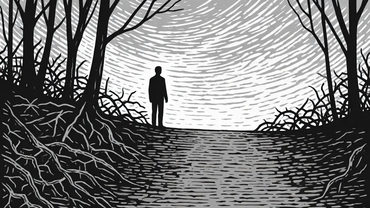 Conceptual woodcut art of a figure walking from a dark forest towards a bright, open path.