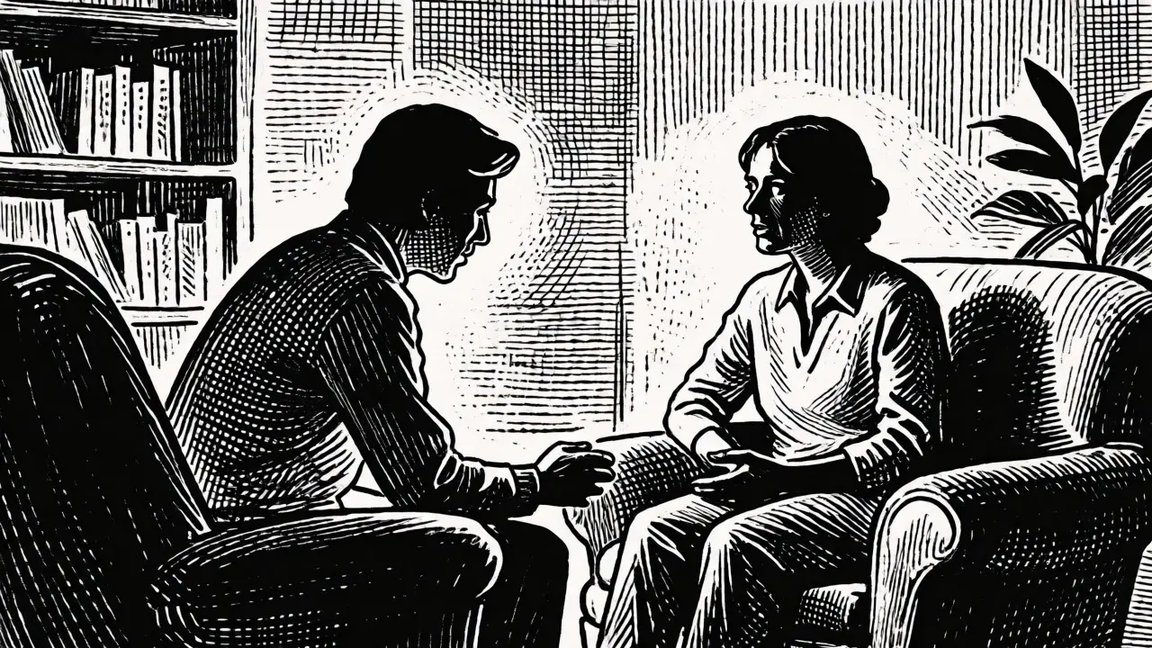 Dřevořezová ilustrace konverzace mezi terapeutem a klientem