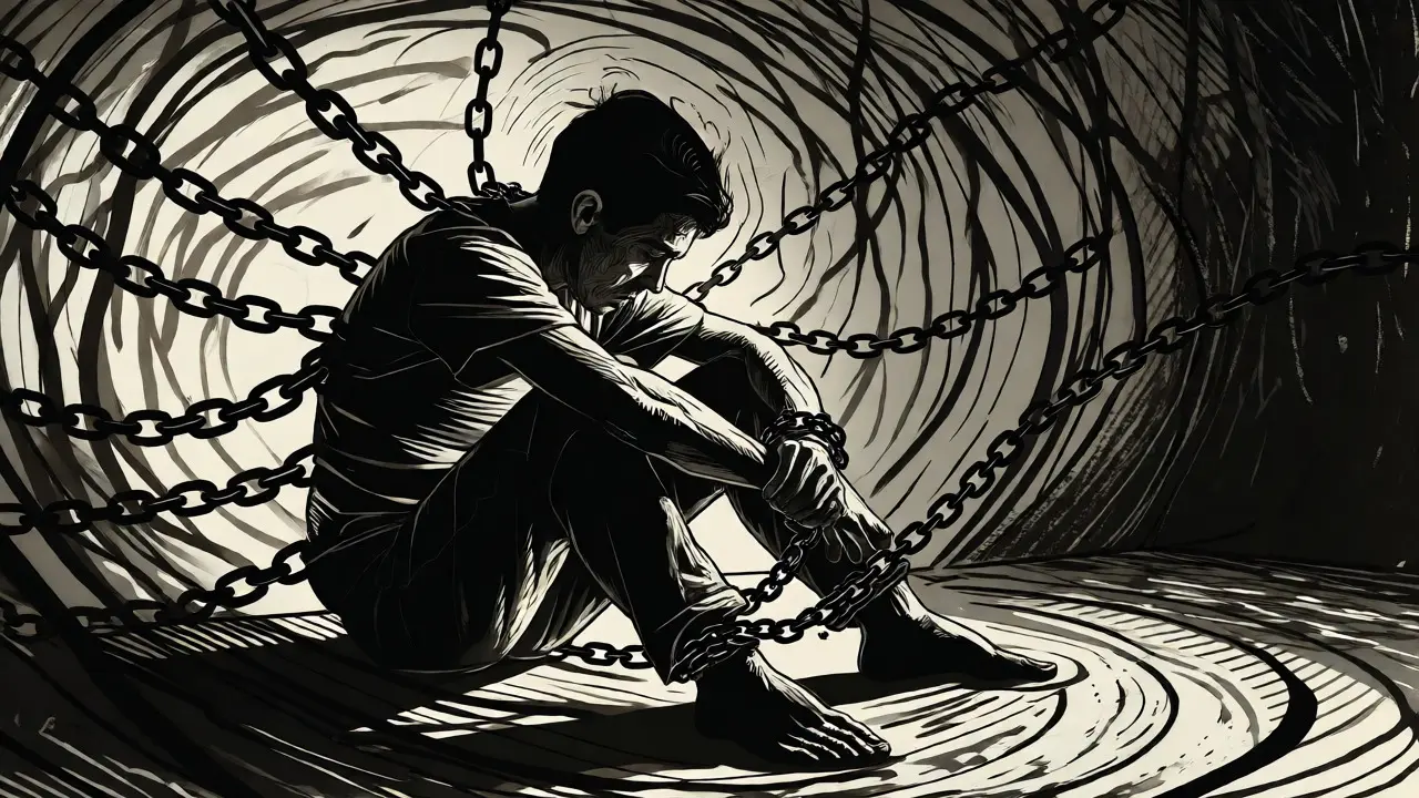 Dřevořezová ilustrace osoby svázané řetězy myšlenek, symbolizující tíhu sebestigmatizace.