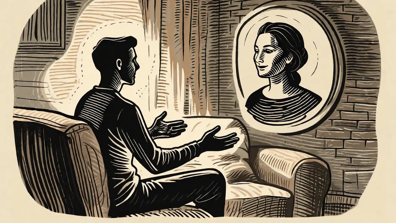 Dřevorytová ilustrace klienta otevřeného během sezení z domova.