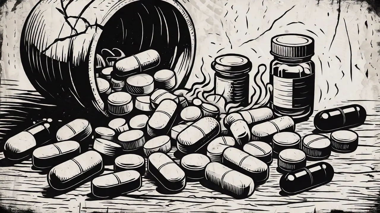 Ilustrace rozsypaných léků znázorňující riziko polypragmázie.