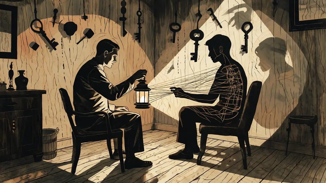 Ilustrace terapie ve stylu dřevorytu s terapeutem držícím lucernu odhalující vnitřní vzorce klienta.