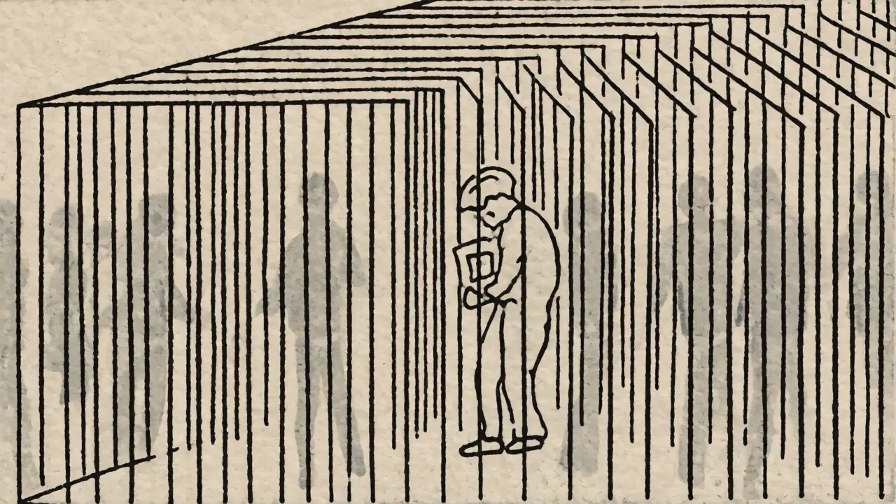 Ilustrace v dřevořezu: úzkostná postava uvězněná v geometrické mříži klastru C.