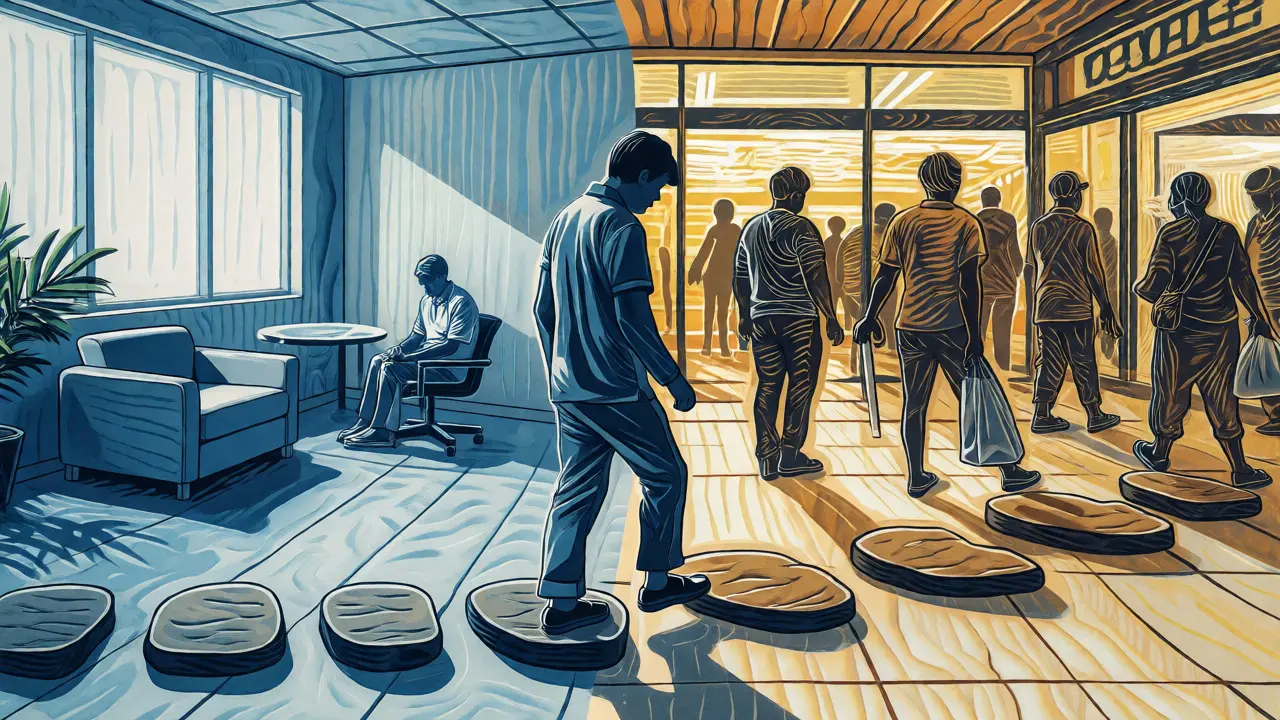 Ilustrace ve stylu dřevořezu znázorňující postupné překonávání úzkosti cestou z klidného prostředí do veřejného prostoru.