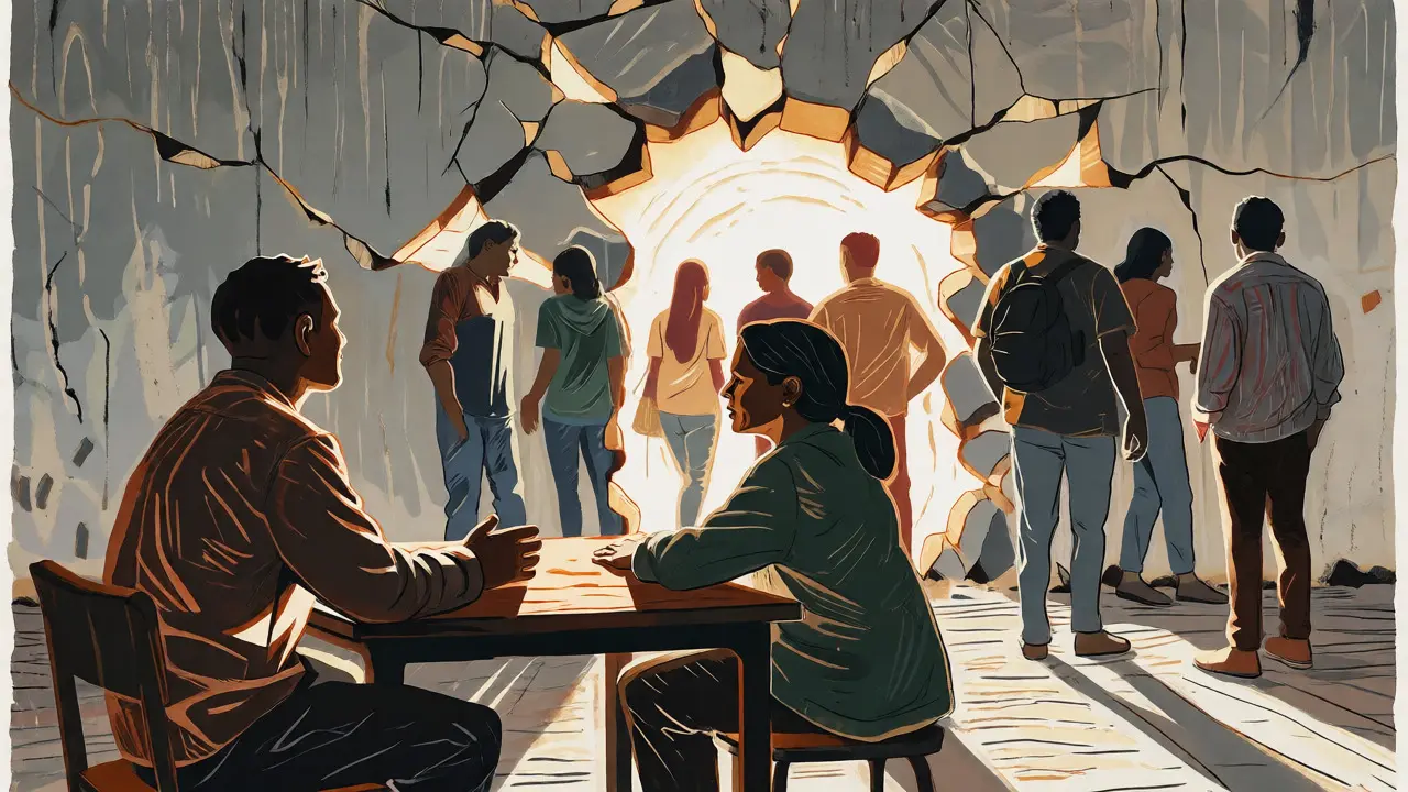 Ilustrace ve stylu dřevořezu zobrazující otevřený rozhovor a rozpadající se zeď předsudků.