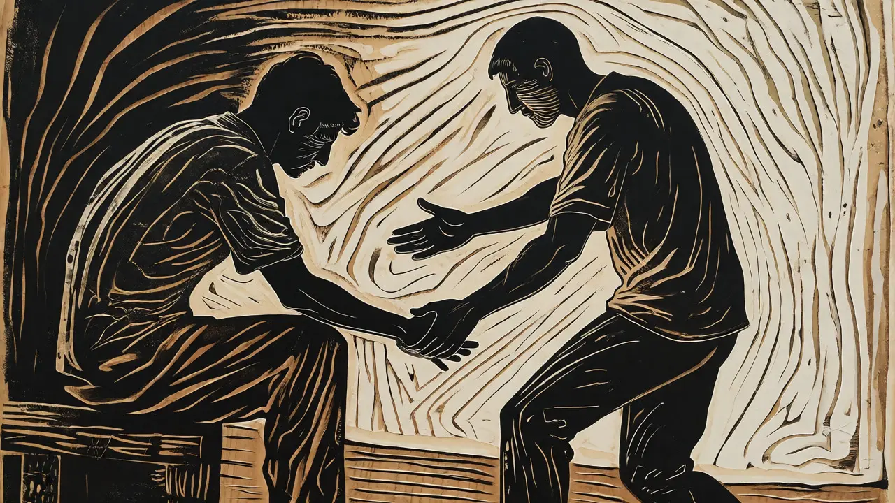 Ilustrace ve stylu dřevorytu: Podpora a lidské spojení jako cesta z krize