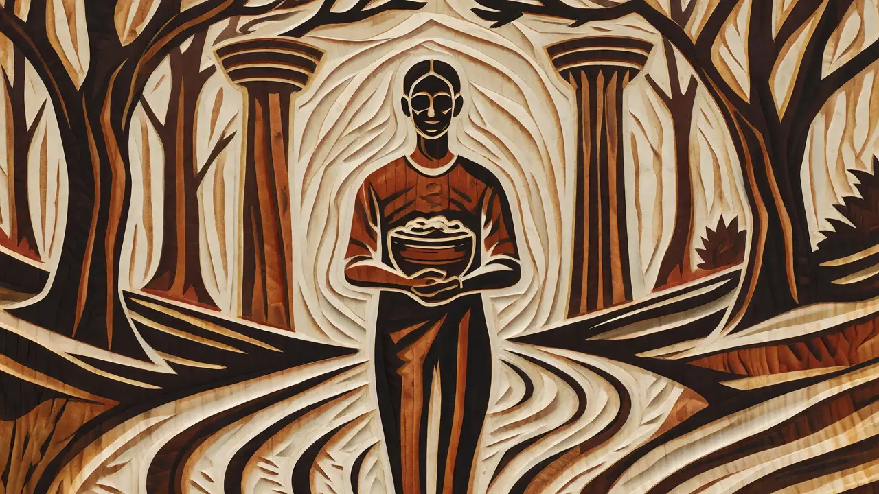 Ilustrace ve stylu dřevorytu symbolizující uzdravení a rovnováhu díky kombinaci terapie a všímavého stravování.